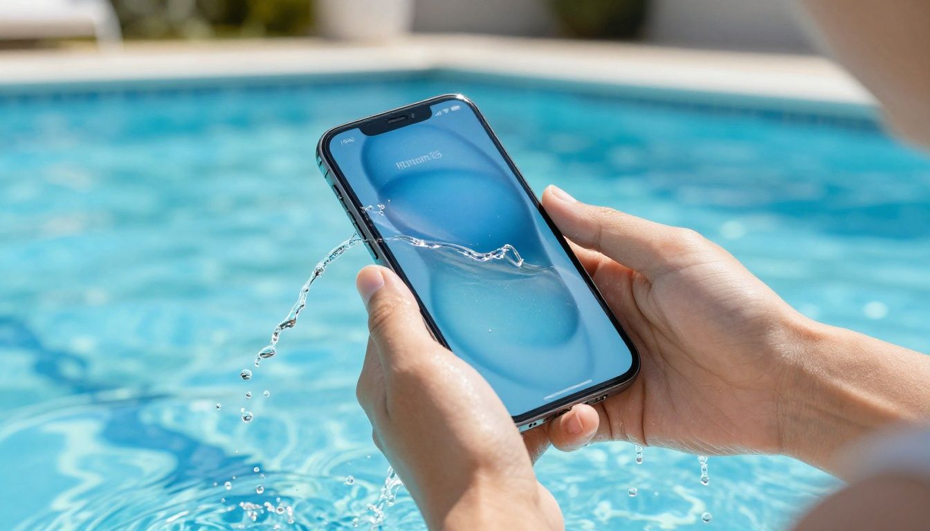 A person using their iPhone 15 near a swimming pool, with water splashing nearby but not on the phone.