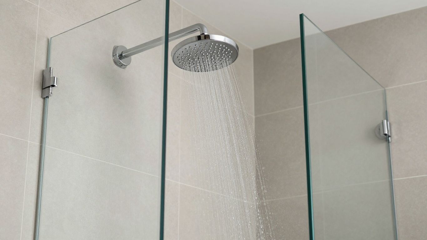 Luxurious rainfall shower head with water cascading down.