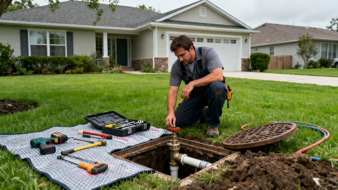 Plumber working outside a suburban home near water service lines