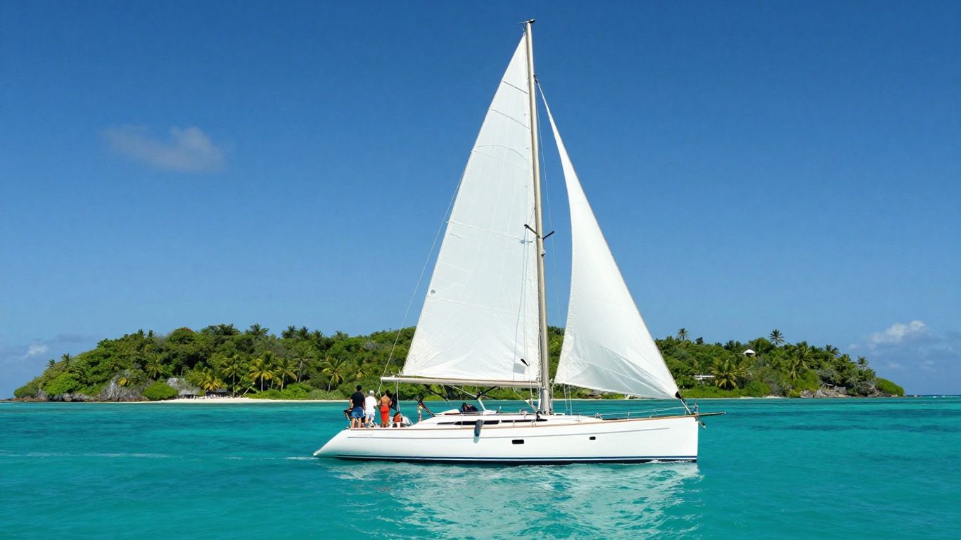 Sailing yacht on turquoise water near tropical islands.