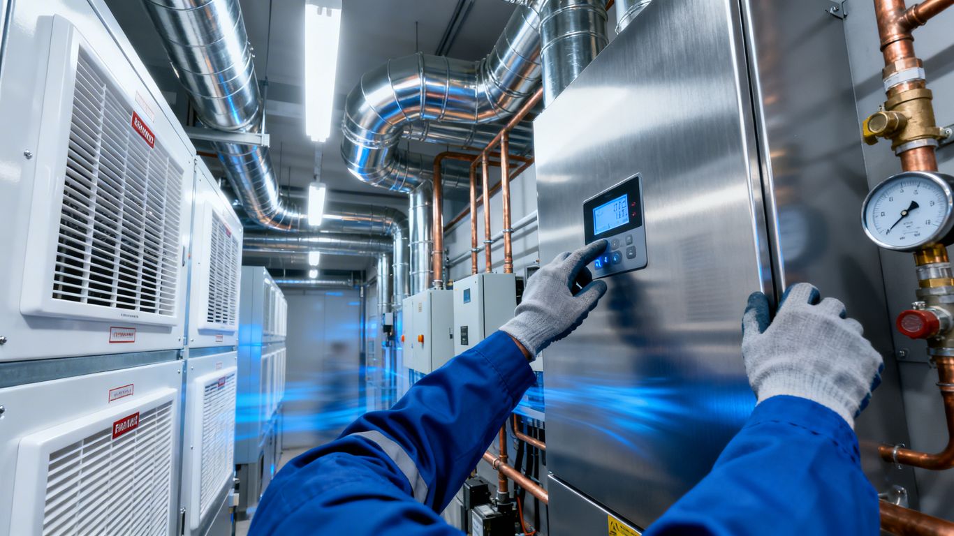HVAC technician inspects modern equipment for maintenance.