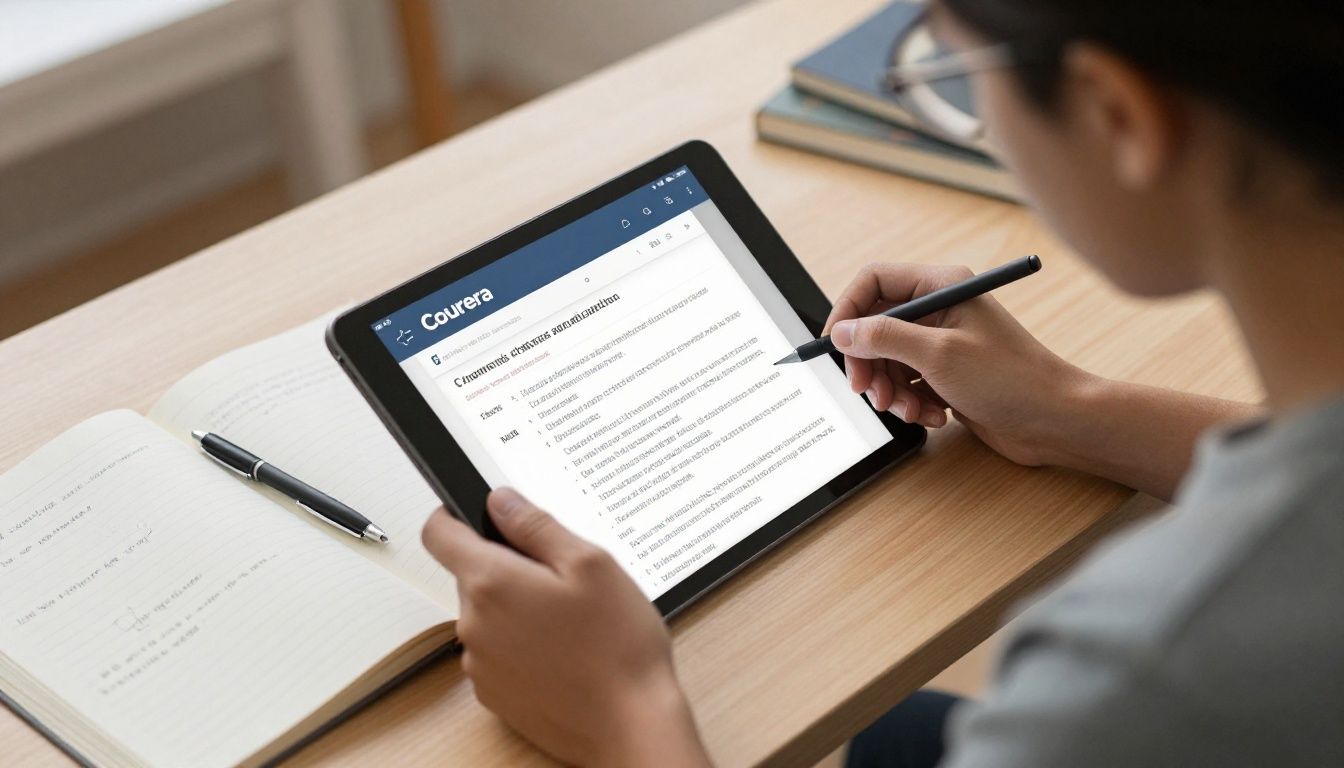 Pessoa estudando pelo aplicativo Coursera em um tablet, com anotações e materiais de aprendizagem em uma mesa iluminada