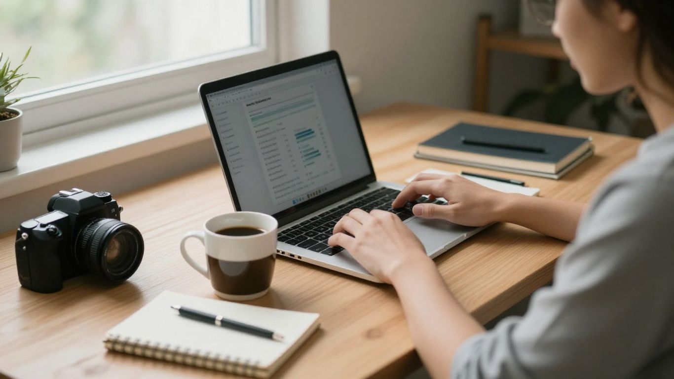 Person blogging at cozy home office workspace