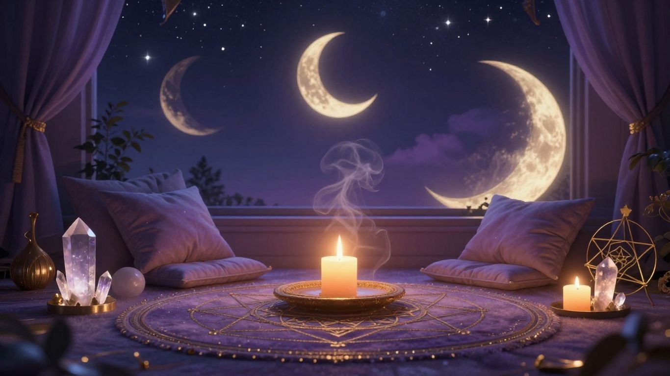 Candlelit twilight meditation space with crystals