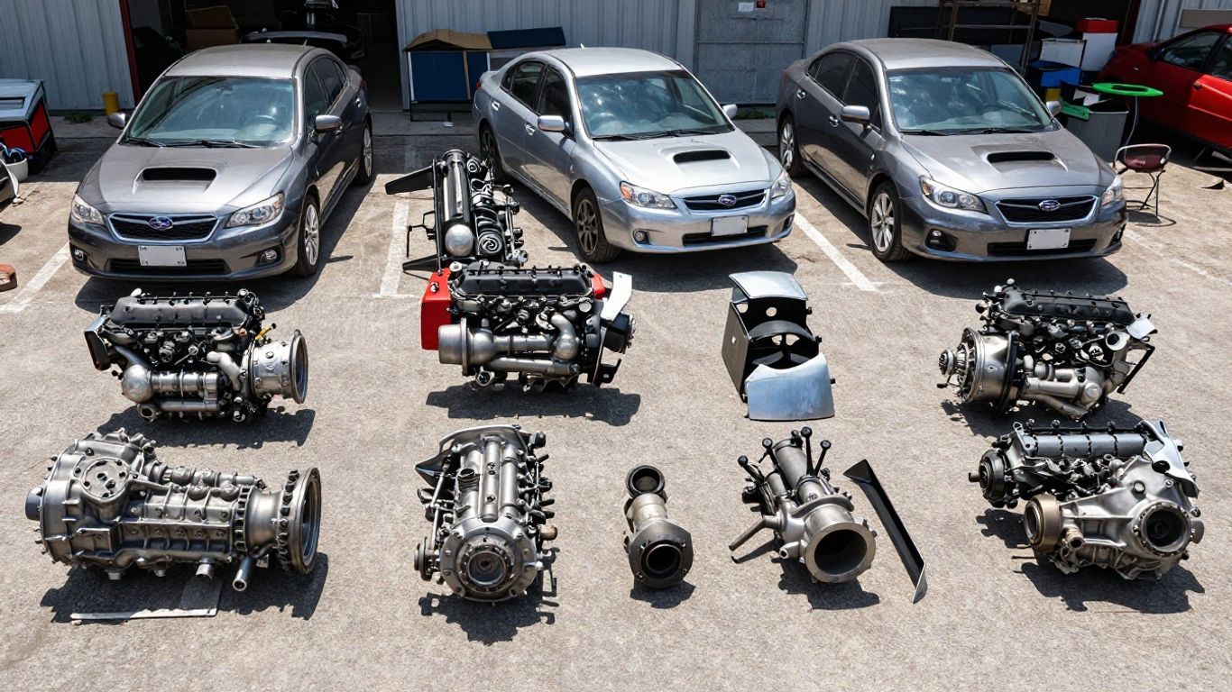 Used Subaru car parts in a salvage yard.