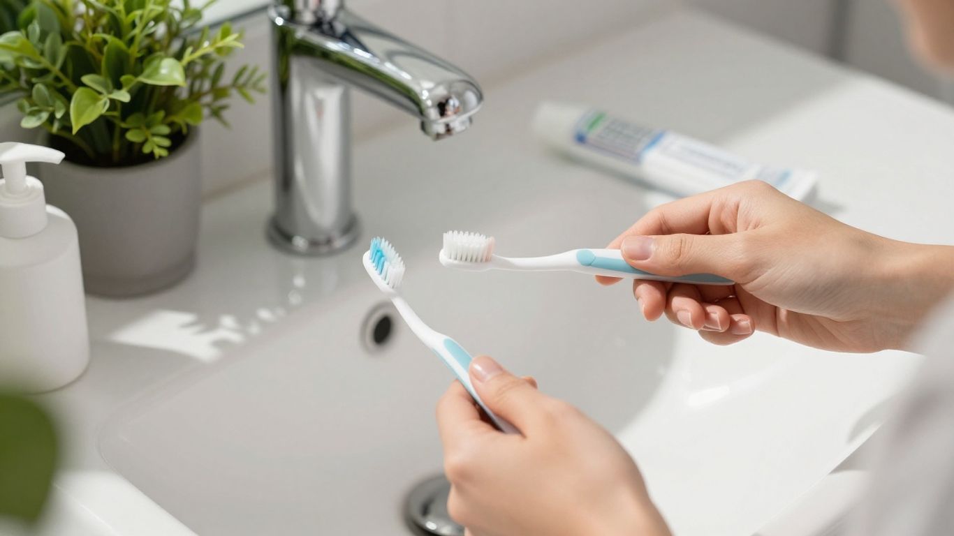 Person brushing teeth with modern toothbrush and toothpaste.