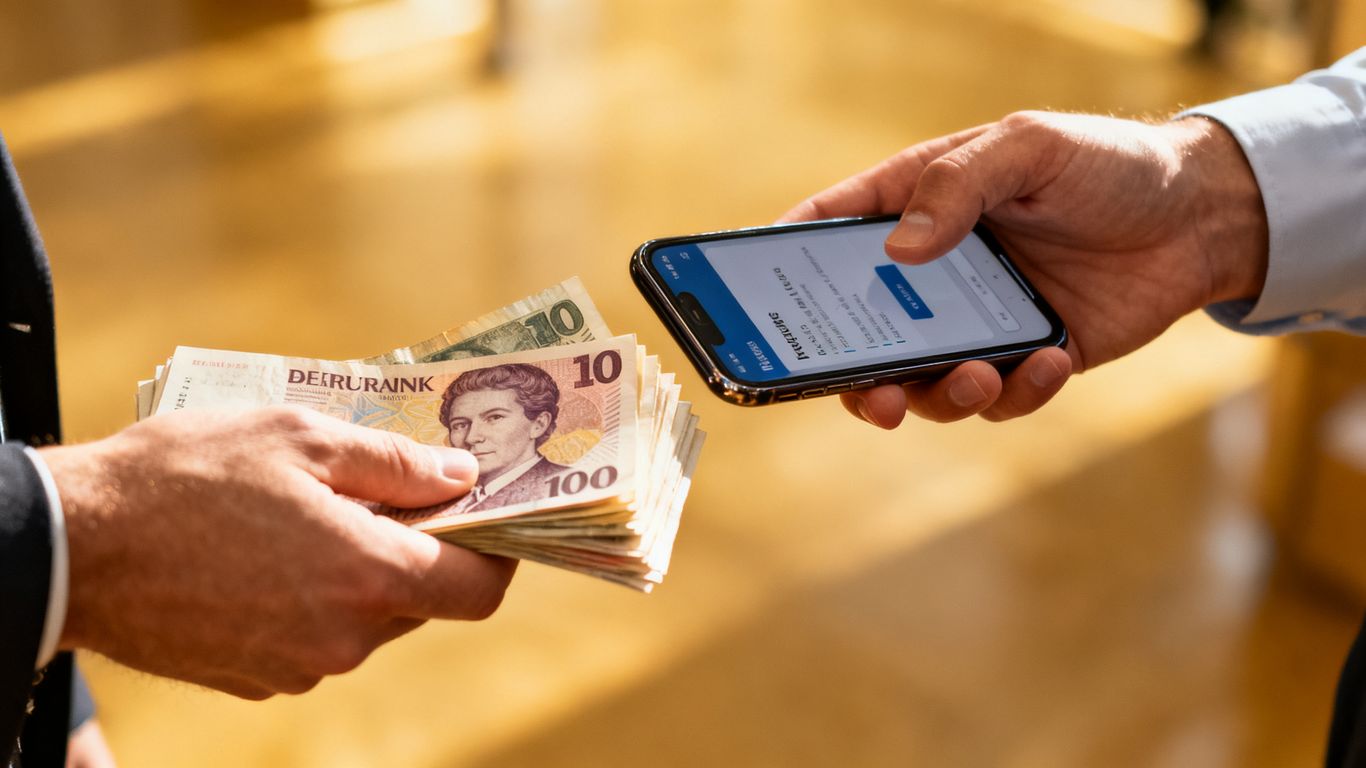Hænder der bytter penge og en telefon med DBA