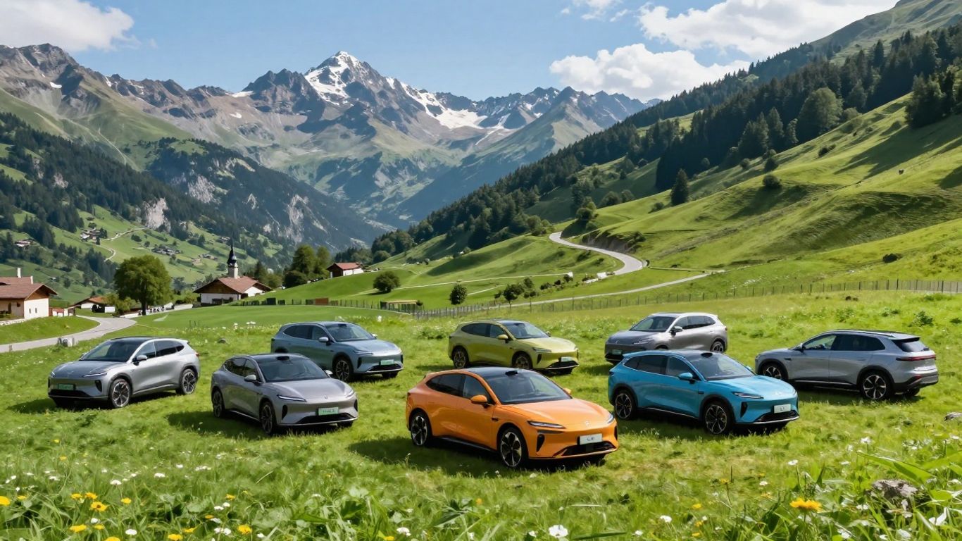 Elektro-SUVs vor Schweizer Alpenkulisse, Naturstraßen und Berge