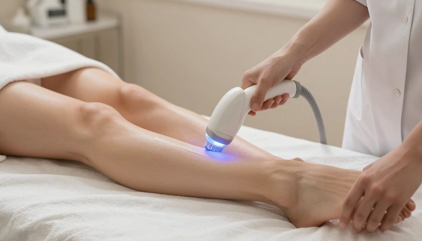 A professional laser hair removal handpiece gliding gently over a client's leg in a peaceful spa setting
