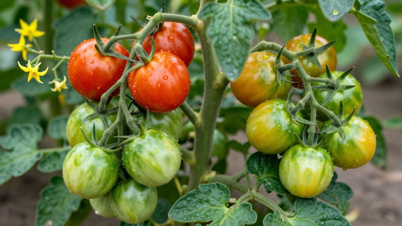 Tomatenpflanze mit vielen Früchten und Blüten