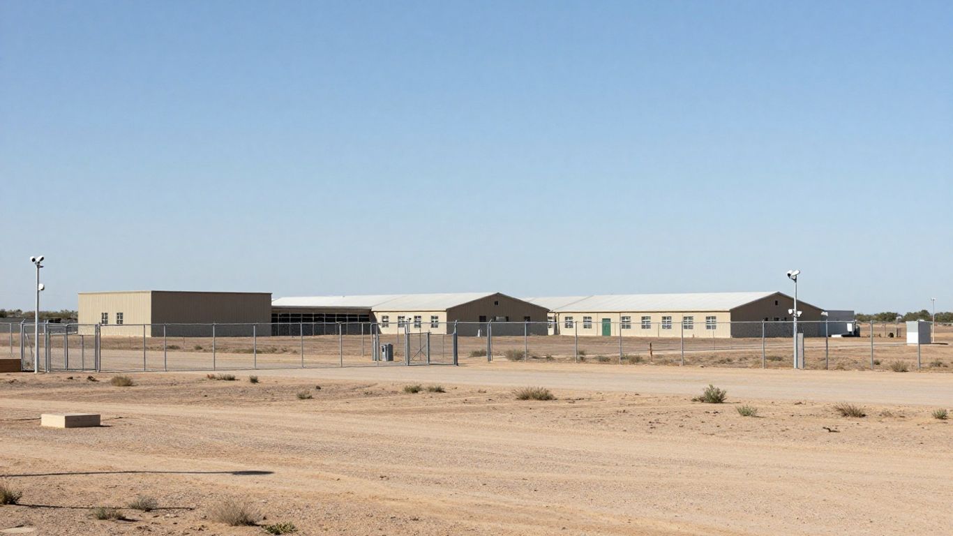 Texas ICE detention center exterior with fences and arid landscape.