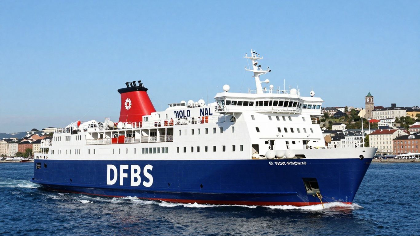 DFDS ferry sailing towards a European city skyline.