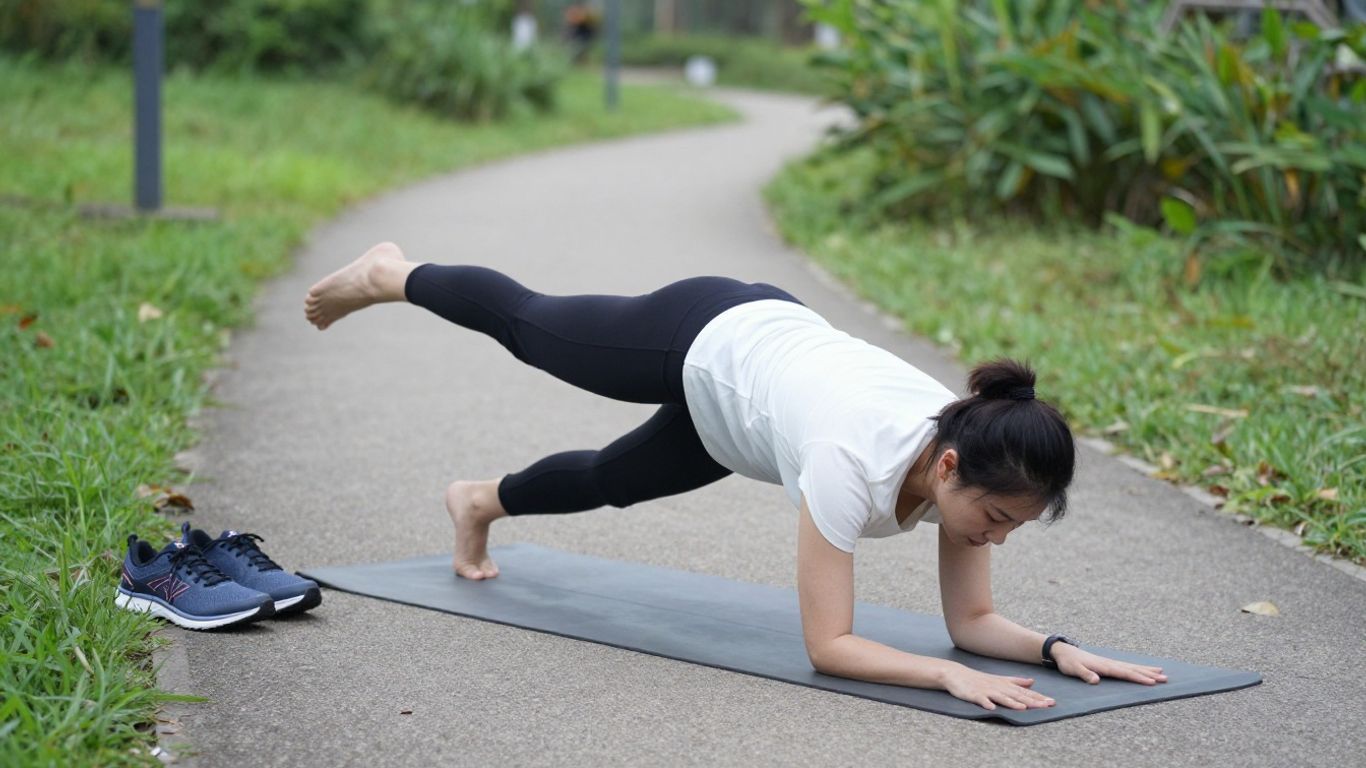 Person practicing yoga beside a running path