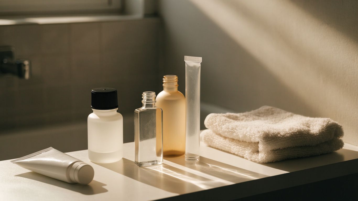 A few lubricant bottles beside a folded towel