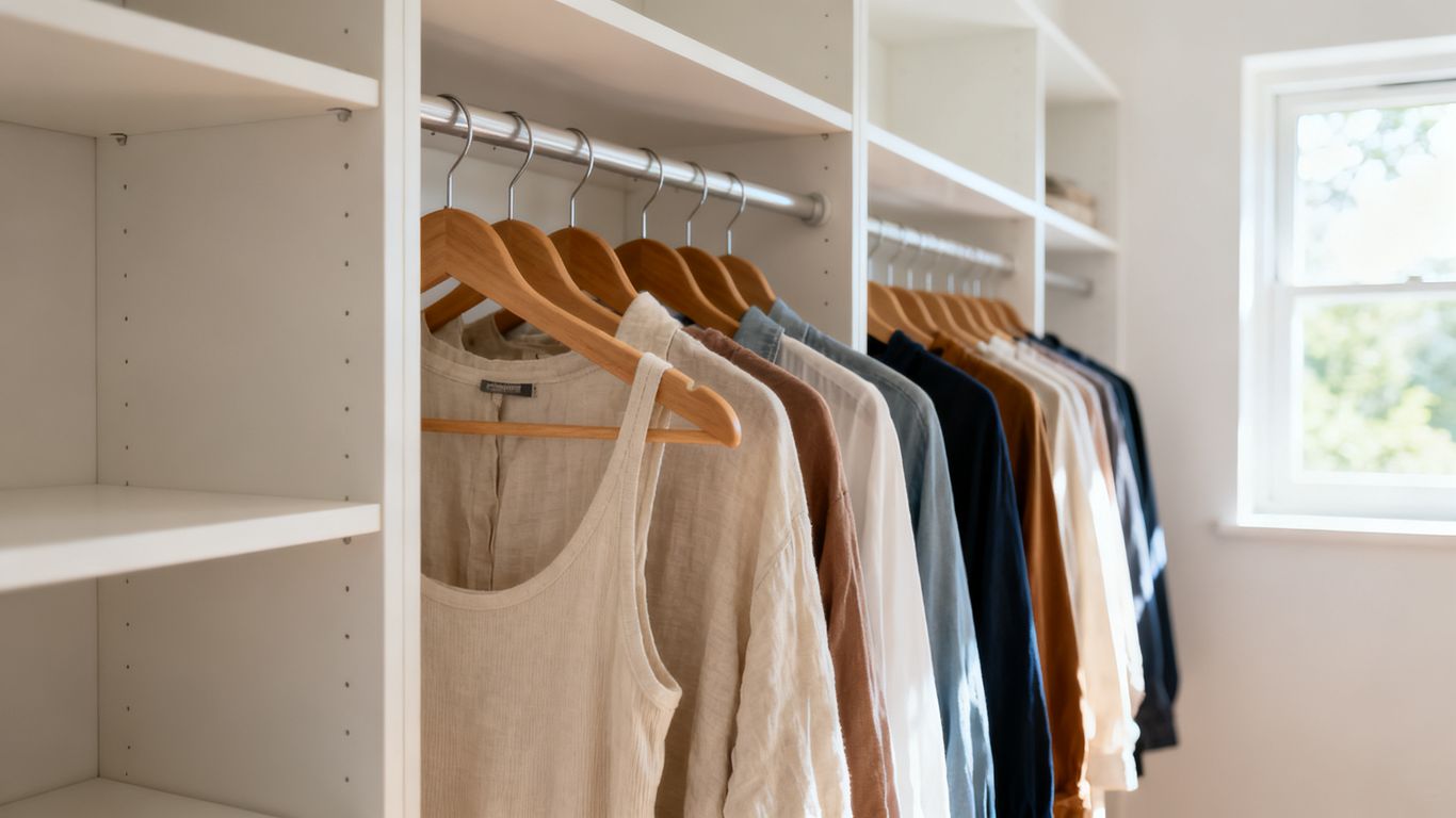 Clothing hanging neatly in a dry closet