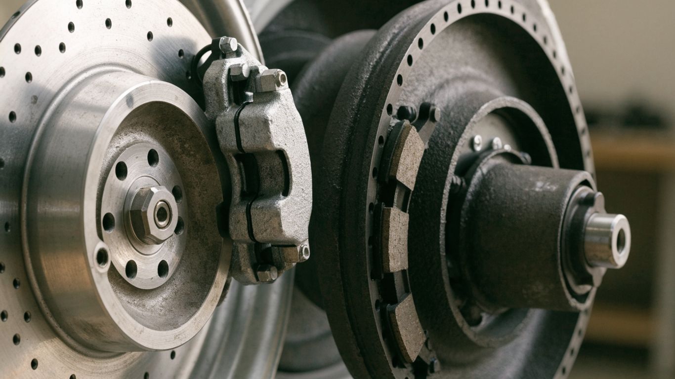 Disc and drum brake components at a wheel