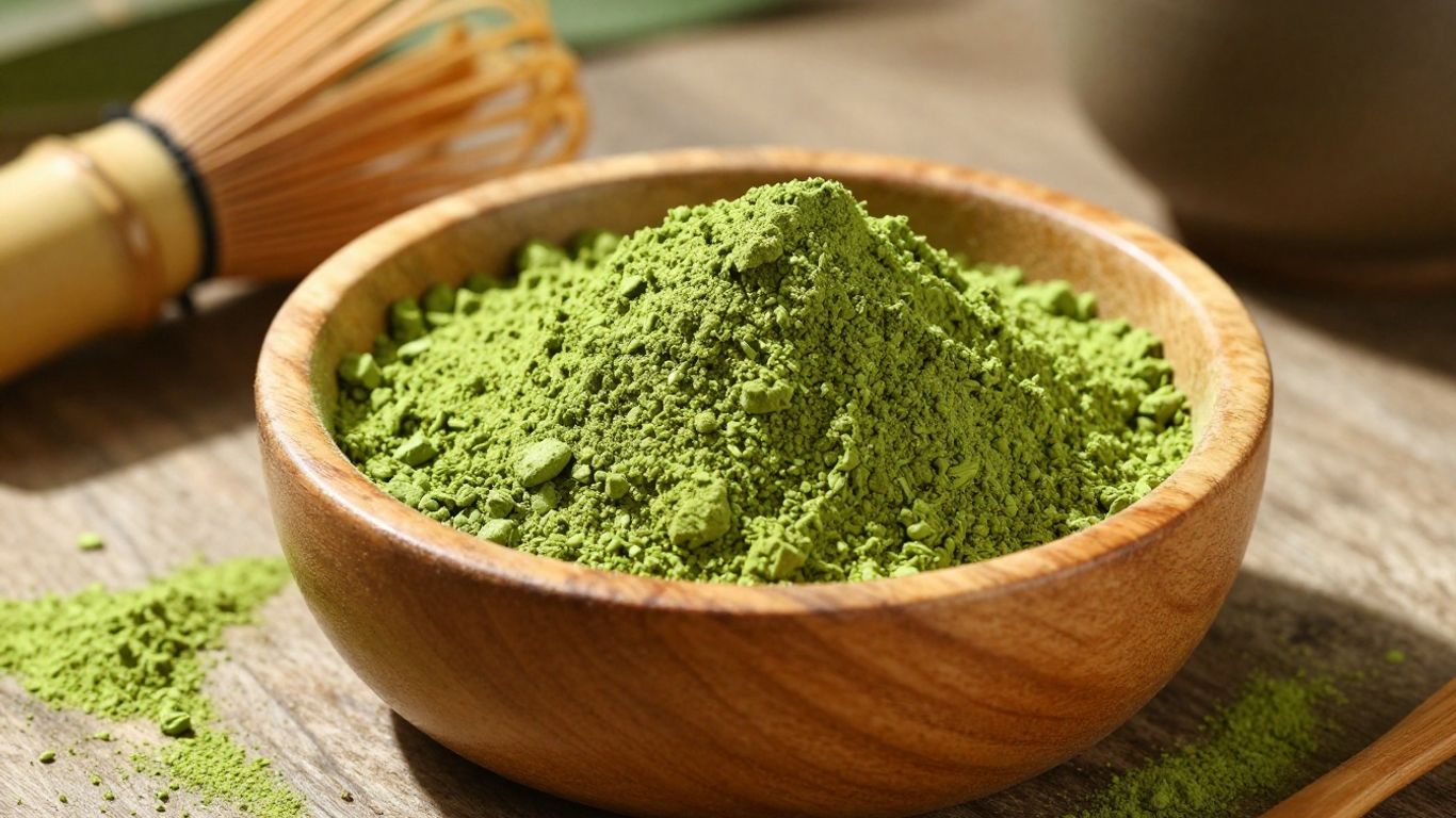Bowl of vibrant matcha green tea powder with bamboo whisk.