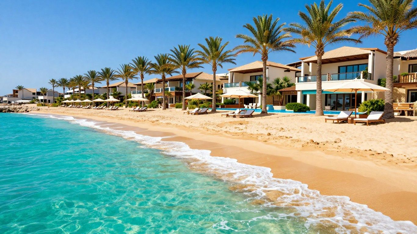 Cyprus beach with turquoise water and resort.