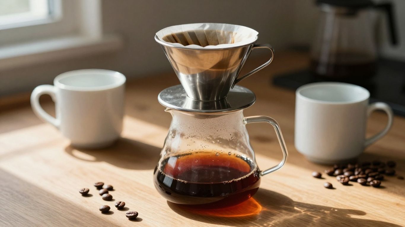 Glass pour-over coffee maker and mug on wooden counter