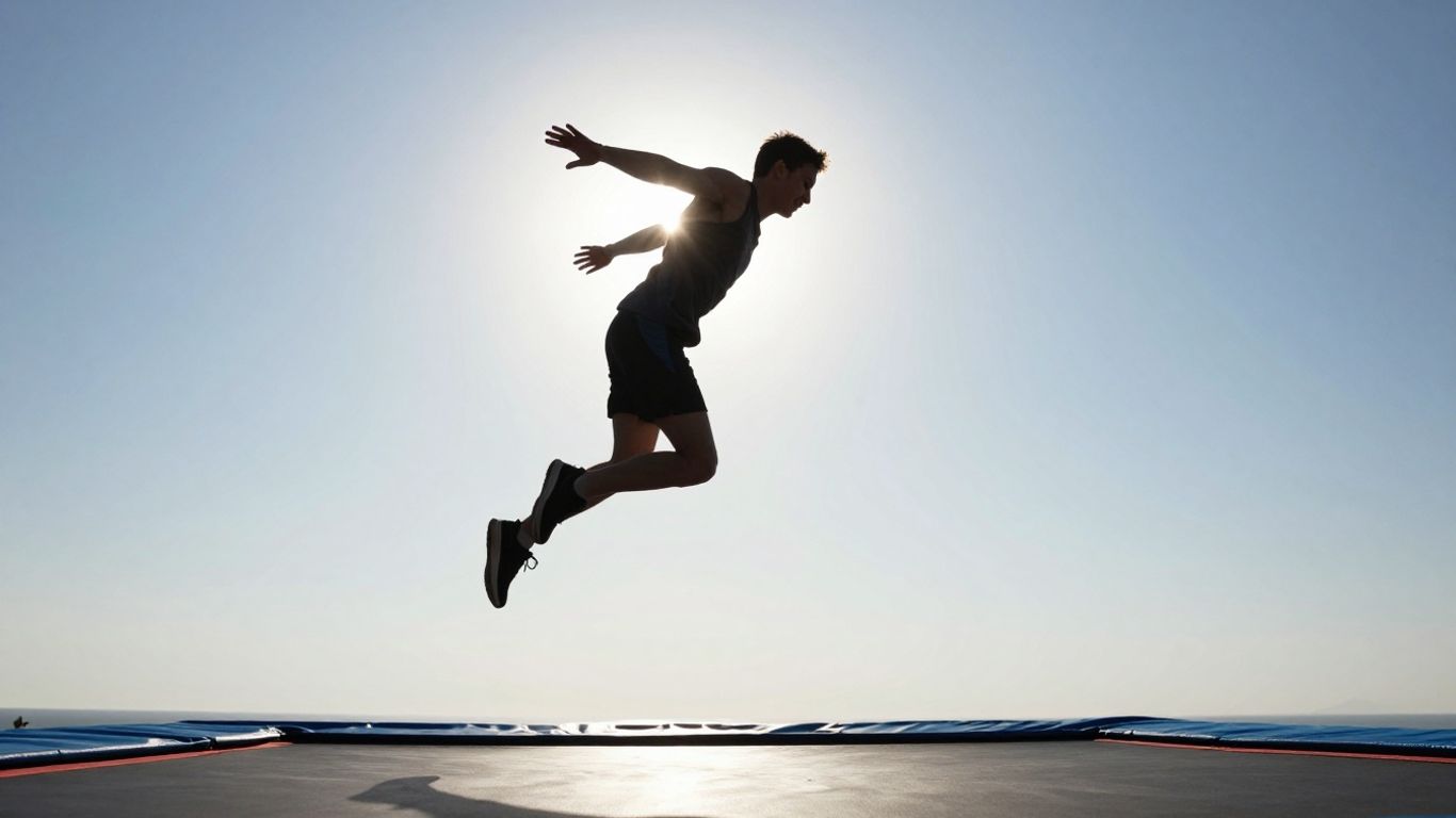 Person bouncing high on a trampoline outdoors.