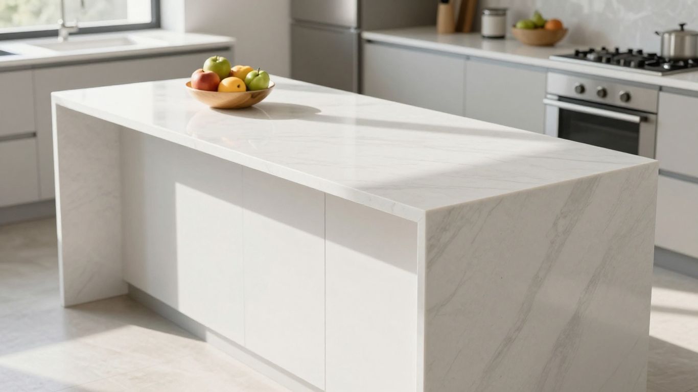White quartz countertop on a kitchen island.