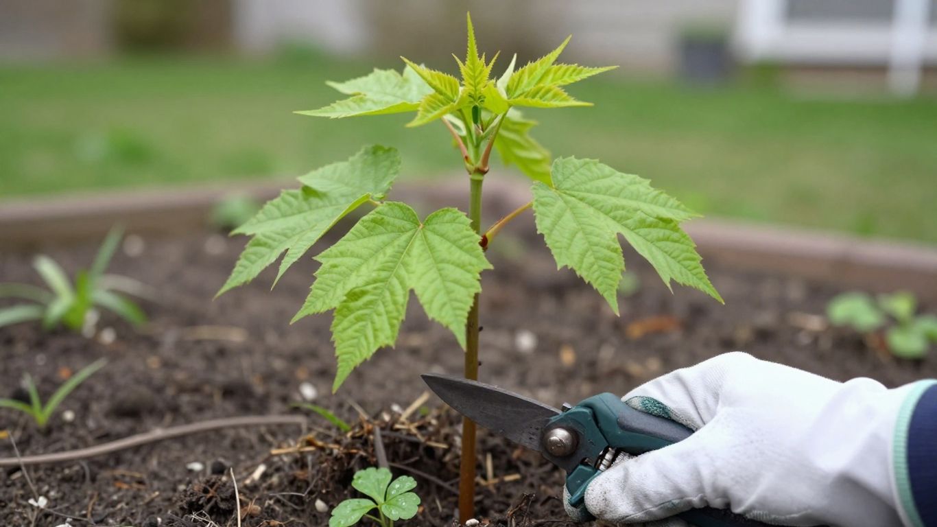Removing Tree of Heaven sapling in spring garden