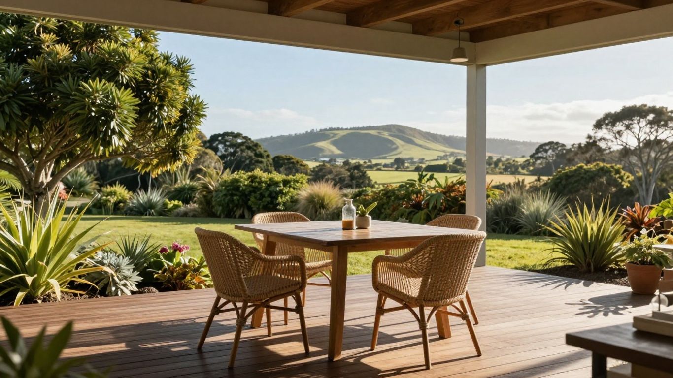 Outdoor furniture on a sunlit New Zealand patio