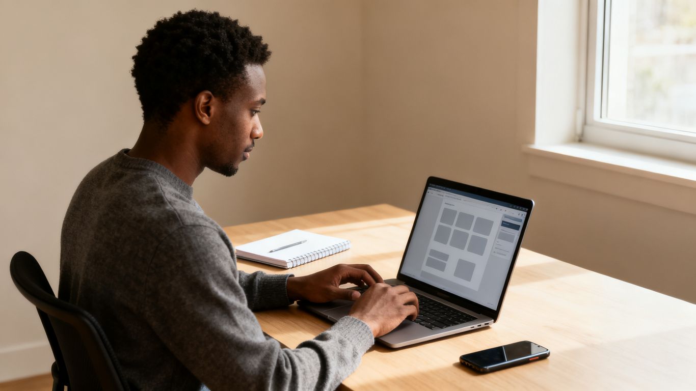 Small business owner reviewing marketing tools at a desk