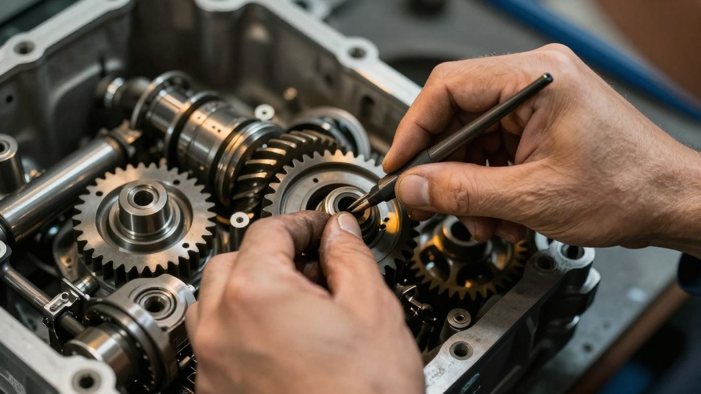 Mechanic working on car transmission in Melbourne workshop.