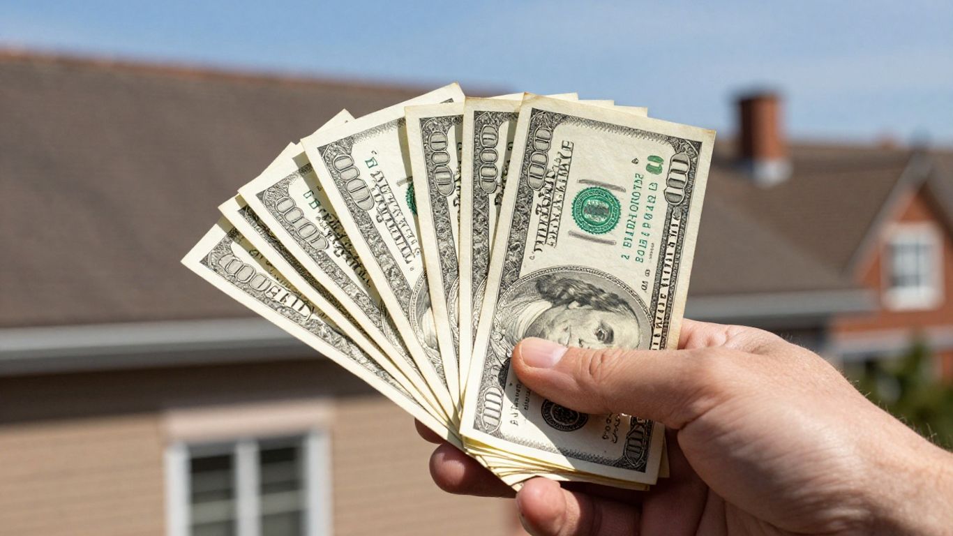 Hand holding money with a house roof in background.