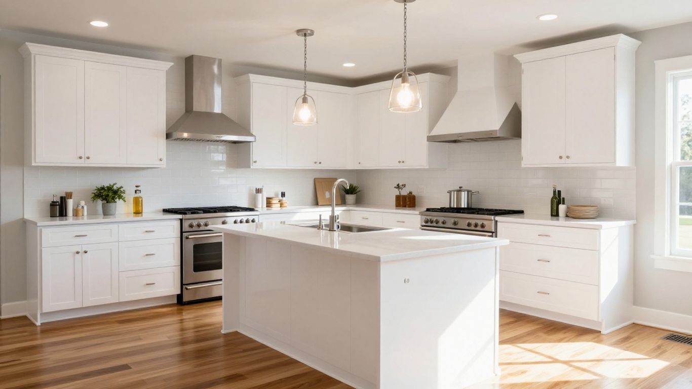 Modern kitchen remodel with island and pendant lights.