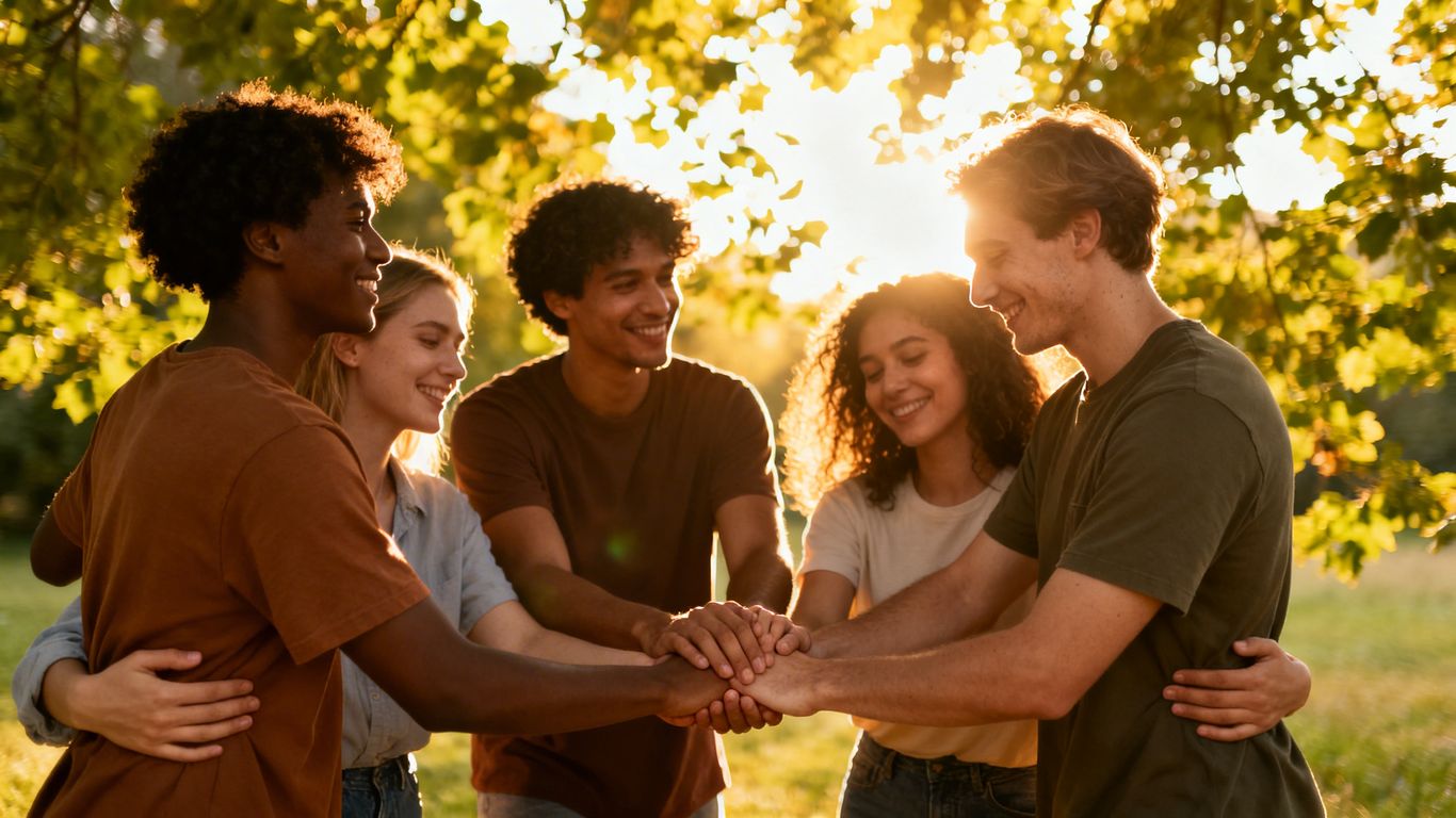 People in a loving, non-hierarchical embrace.