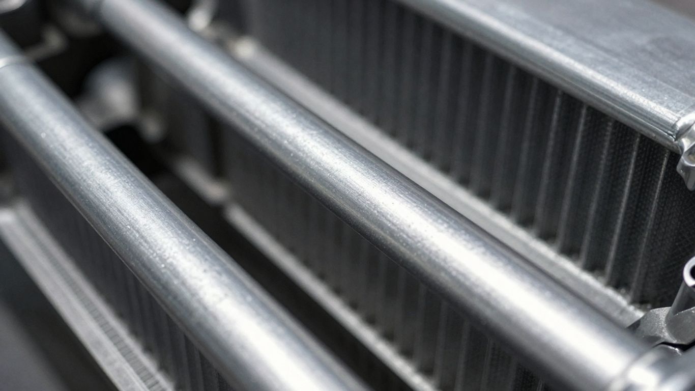 A detailed view of a car radiator cooling fin structure, showing metallic textures and metallic surfaces.
