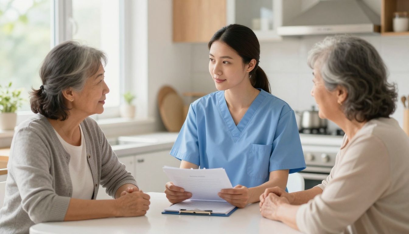 A compassionate female nurse in blue scrubs sits at a kitchen table, talking with a middle-aged woman and her elderly mother, reviewing a care plan together in a bright, sunlit home.