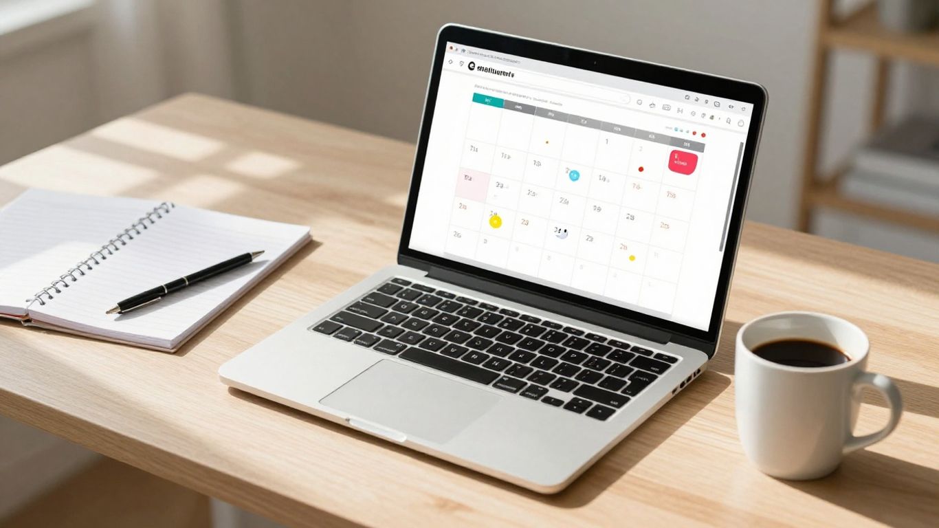Organized desk with calendar and planner for time blocking.