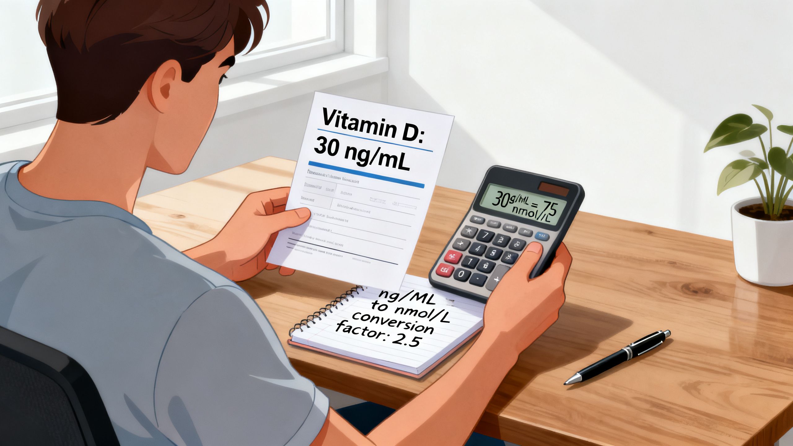 A person reviewing a vitamin D blood test report beside a calculator converting ng/mL to nmol/L