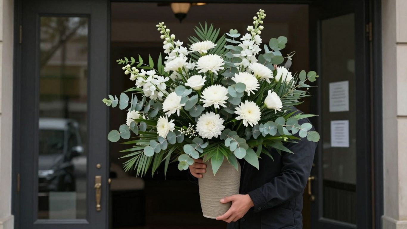 Florist preparing a sympathy arrangement for careful delivery