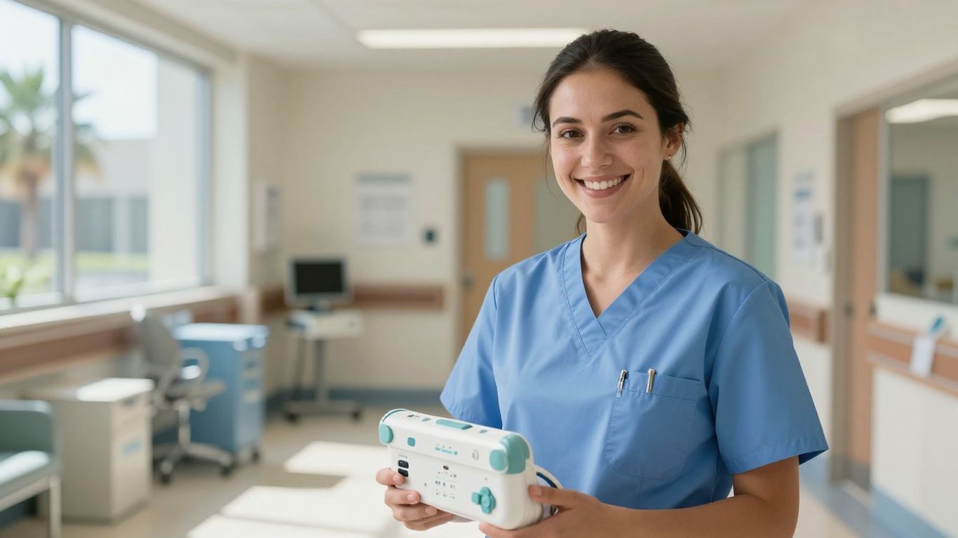California CNA smiling with medical equipment in a hospital.