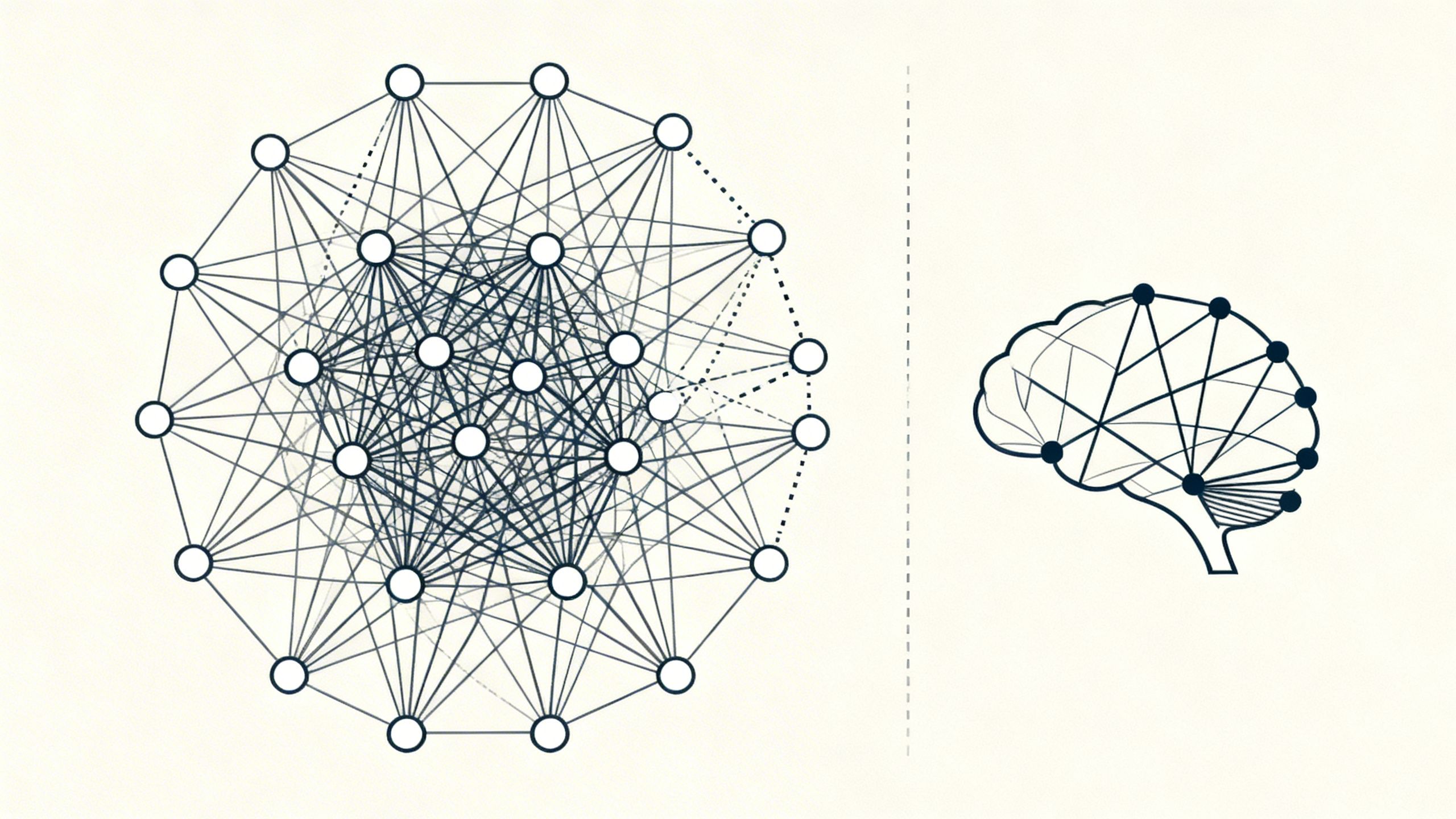 A diagram showing a large, complex neural network on the left, with dotted lines indicating parts being removed, transforming it into a smaller, streamlined network on the right.