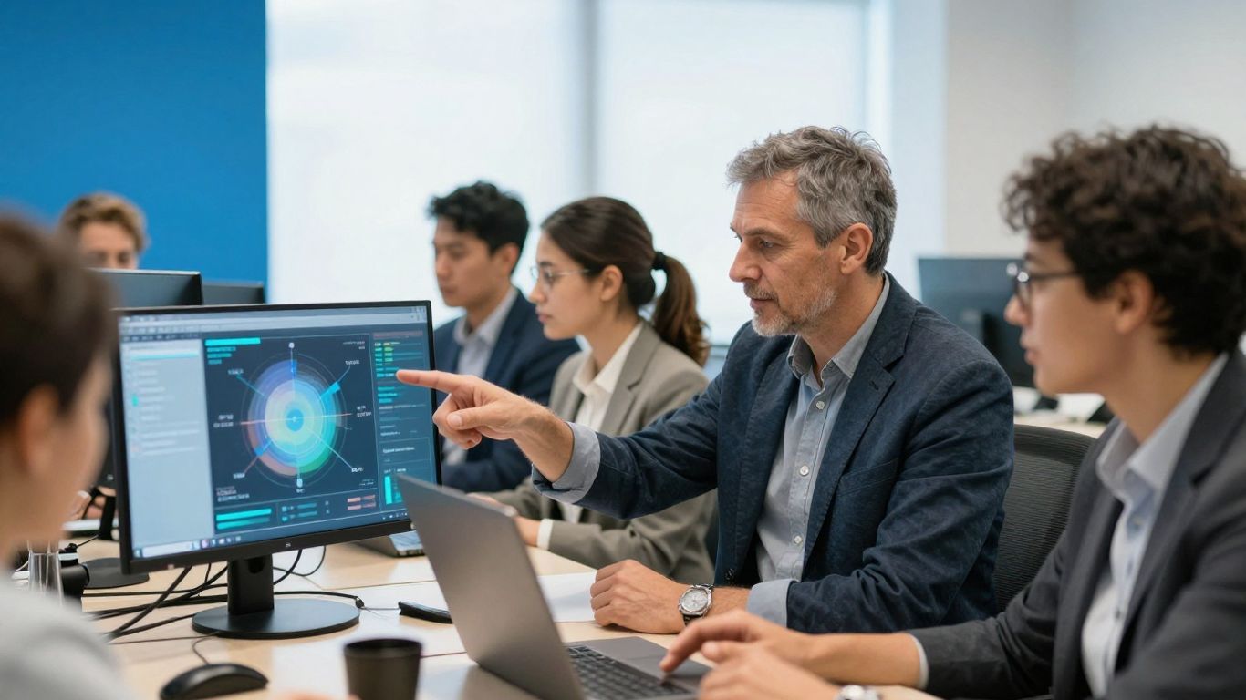 Menschen in einem Büro mit digitalen Schnittstellen