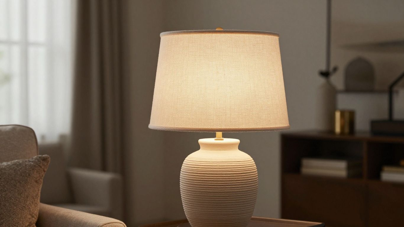 Large lamp shade in a cozy home setting.