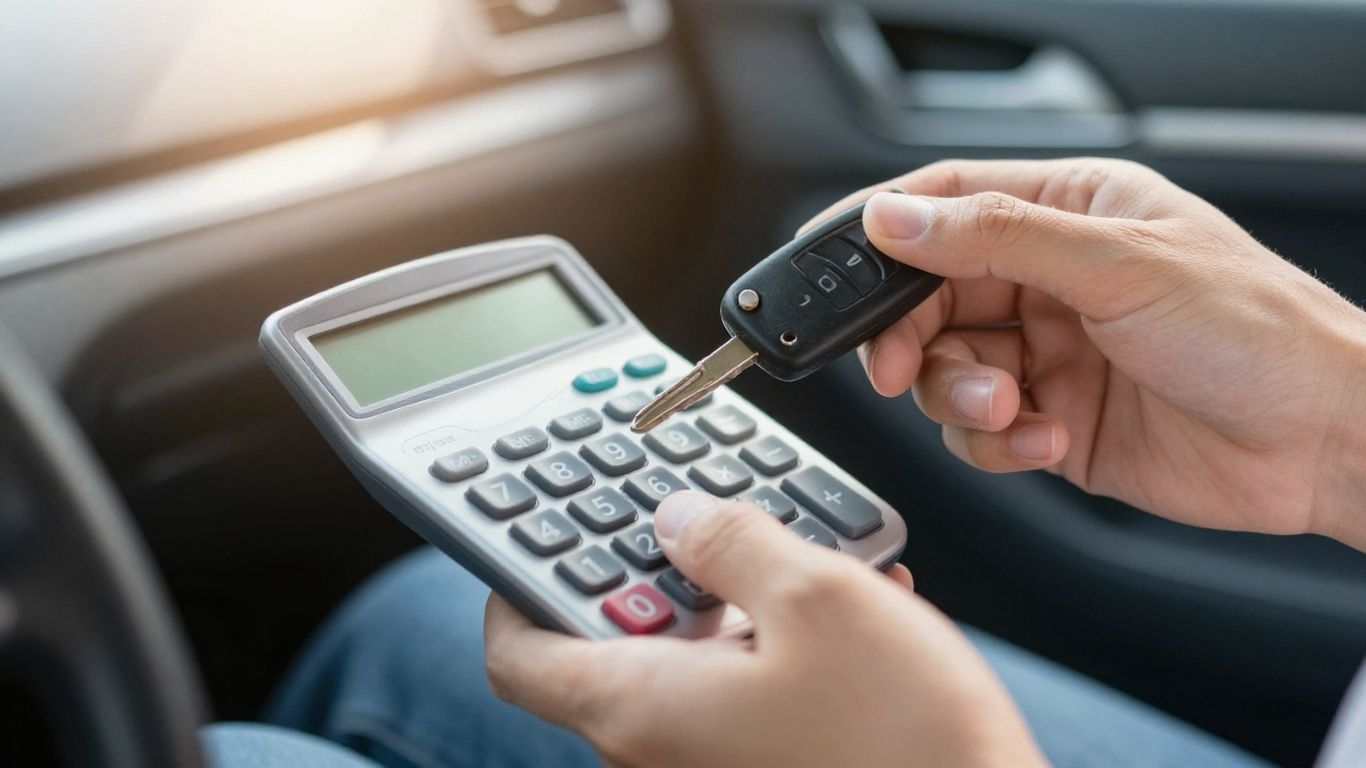 Hands holding car key and calculator, car interior background.
