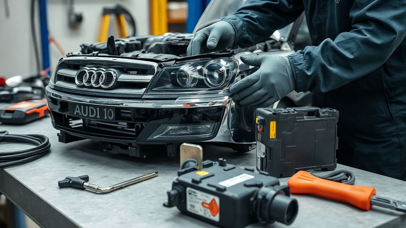 Technician inspecting used Audi components
