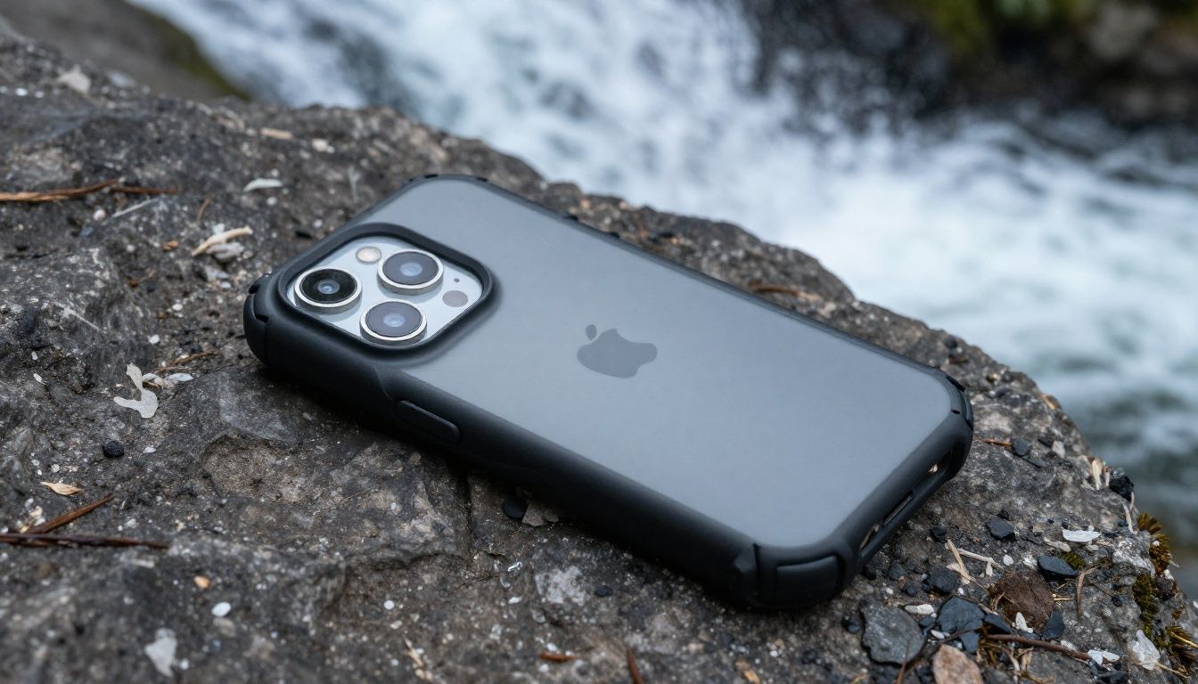 An iPhone 17 in a rugged waterproof case resting on a rocky ledge during a hike near a waterfall