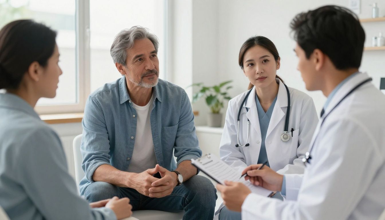 Realistic premium men’s health consultation in an upscale clinic, confident diverse men ages 30 to 60, provider reviewing TRT options and laboratory results, tasteful clinical setting, natural lighting, no logos or text
