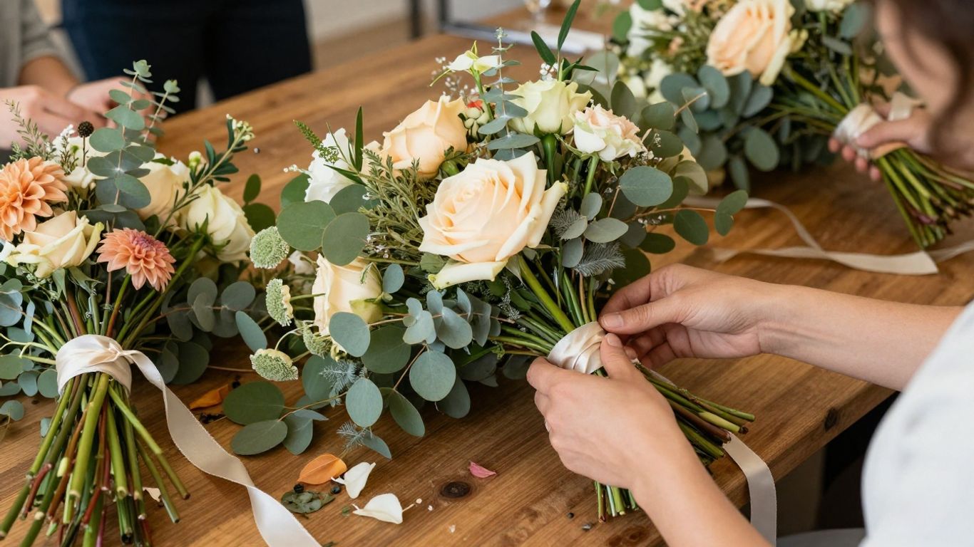 Florist arranging wedding flowers on wooden worktable