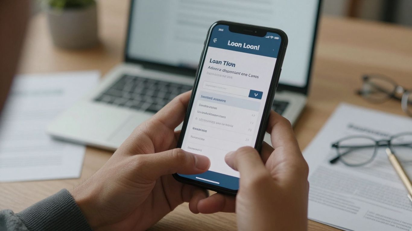 Hands holding phone with loan application.