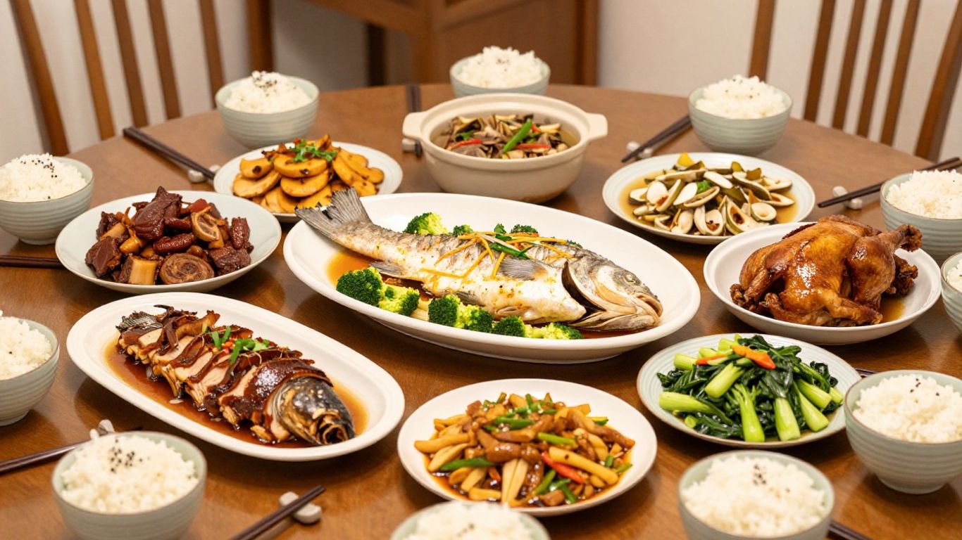 Family-style Lunar New Year dinner with shared dishes