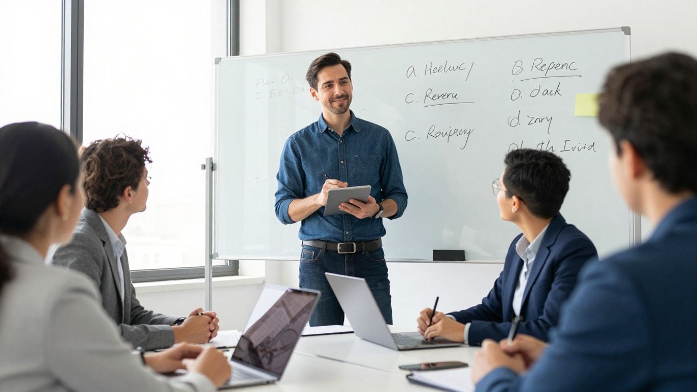 Interim revenue leader reviewing plans with team