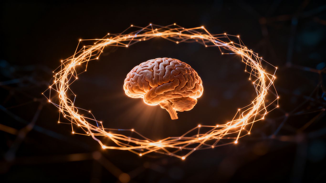 Brain with glowing neural pathways forming a loop.